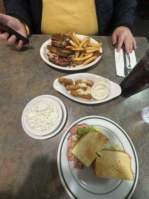 Rueben Sandwich with Hand-Cut Fries special, mozzarella sticks (comes with 5, already ate a few), side of cottage cheese, Ham Combo Sandwich