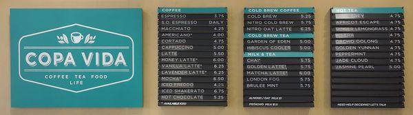 Menu of beverages