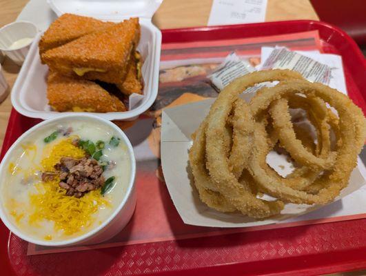 Onion Rings (Right), Cheese Frenchie (Top), Baked Potato Soup (Bottom)