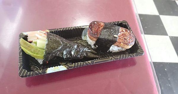 Musubi Spam and a California hand roll