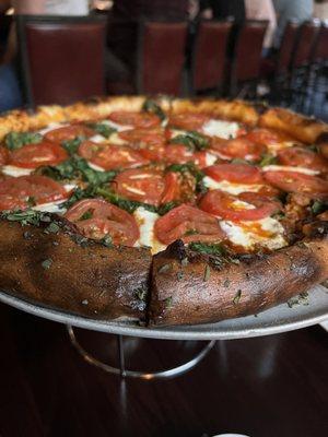 Pizza with Sausage, Wilted Spinach, and Garden Fresh Tomatoes