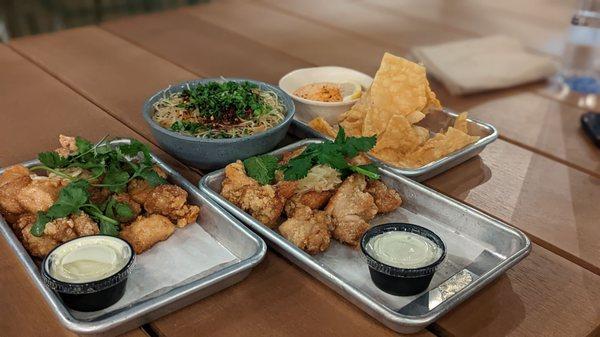 Chicken Karage, Salmon Dip, sesame noodles