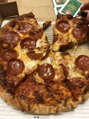 Small, Well-Done, Pepperoni (extra pepperoni ordered)