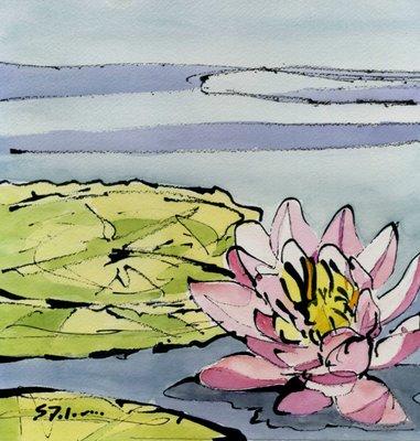 Painting of Lotus flower in watercolor and india ink.