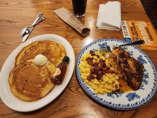 Grilled chicken,  bacon mac&cheese, and pancakes!