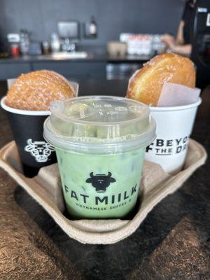 Matcha latte and delicious donuts