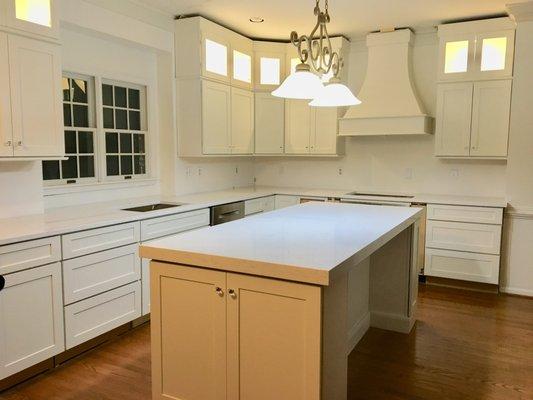 Kitchen with new quartz (looks like white carrera marble)