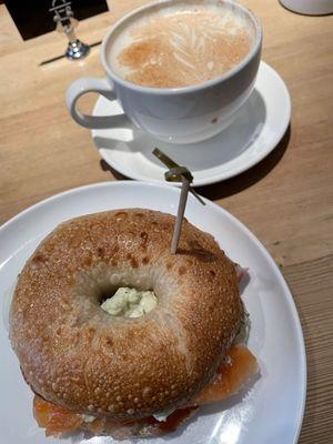 House-cured Salmon, Herb cream cheese, Cucumber, Bagel Wholewheat, Sesame.  Chai Latte