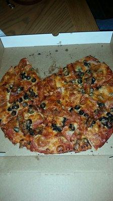 Large- pepperoni, bacon and black olive