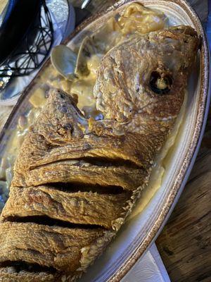 Fried whole fresh snapper with shrimp, mussels and squid. So good!