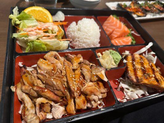 3 Items Bento Box - Great portions and tastes great! Salmon Sashimi, Salmon Teriyaki, and Chicken Teriyaki tonight.