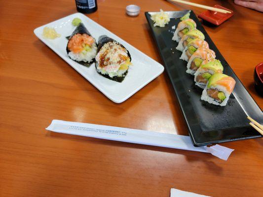 Double salmon roll, salmon hand roll, shrimp tempura hand roll