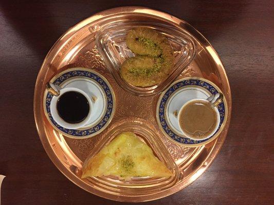 Two Swedish coffees, a Greek cheese pie and a lady heart pastry.