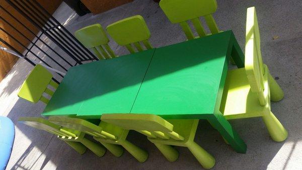 Child-sized tables and chairs for snack, lunch, arts and crafts, and reading.