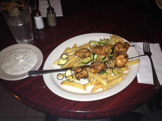 Chicken Kabob over Fries with Grilled Veggies and Tzatziki