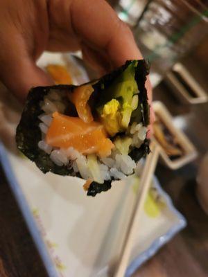 Lunch special Alaska Hand Roll. Significantly smaller than the dinner handroll. Not worth it. (Top view)