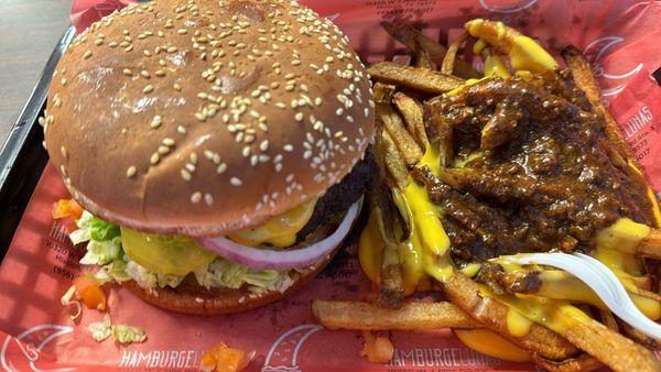 Tex mex burger combo with chili cheese fries