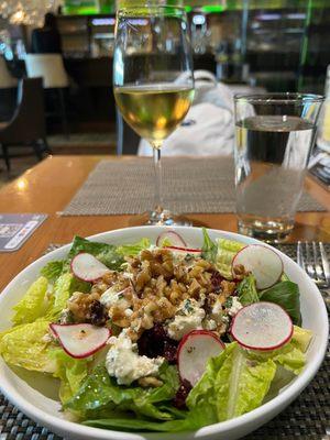 Farmer's Salad: mixed field greens, roasted pumpkin seeds, beets, goat cheese and a sherry vinaigrette and a local Chardonnay.