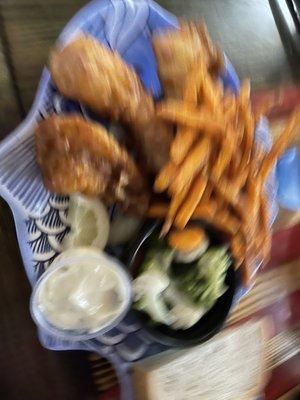 Fried cod with sweet potatoes fries