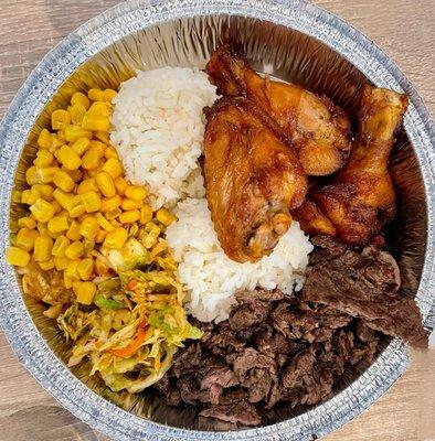 2 item bowl with spicy beef, chicken wings, kimchee slaw, corn and rice