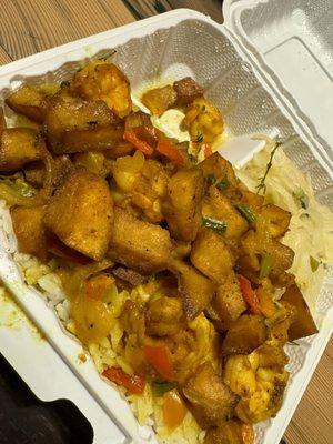 Curry shrimp with a whole lotta breakfast potatoes