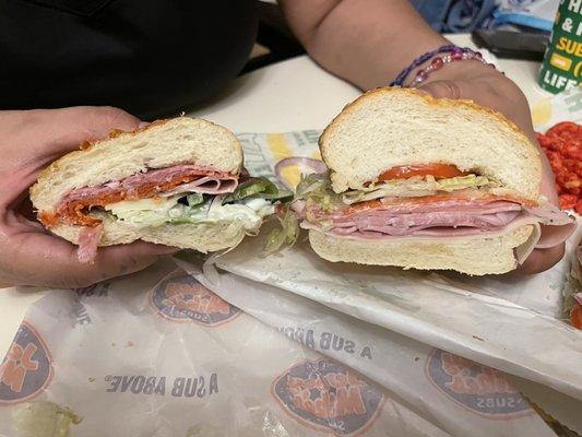 Spicy Italian on left and jersey mikes original Italian on right