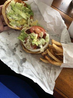 Bacon Cheeseburger with no mustard and fries. It's all hot and fresh.