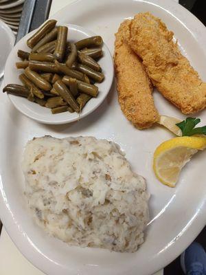 Cod Dinner with green beans and mashed potatoes