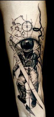 Astronaut with eyeball, and constellation, black and gray realism tattoo