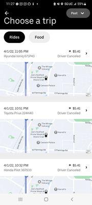 The drivers cancel three rides in a row and Uber chose to charge me for it anyway.