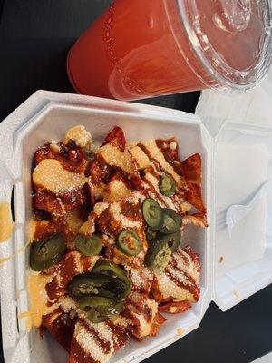 Doritos nachos and watermelon agua fresca