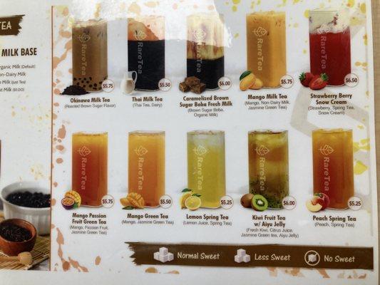 Milk tea, fruit tea menu