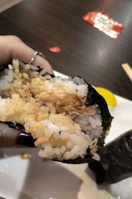 Inside of "rice ball," the salmon one