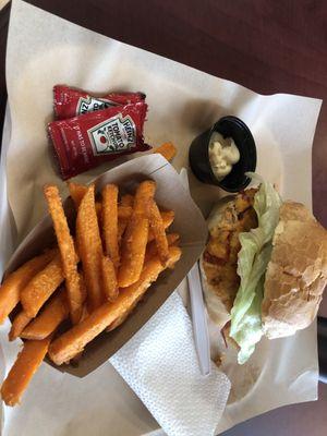 Salmon BLT with side of sweet potato fries