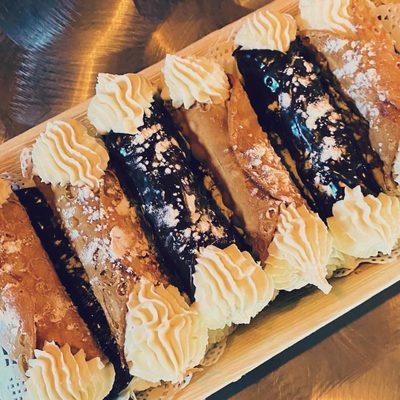 Our Nonno's in-house tradition cannoli. Bruno's fills our chocolate or traditional shell at time of customer order.