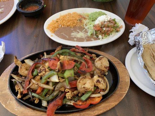 Shrimp and chicken fajitas.