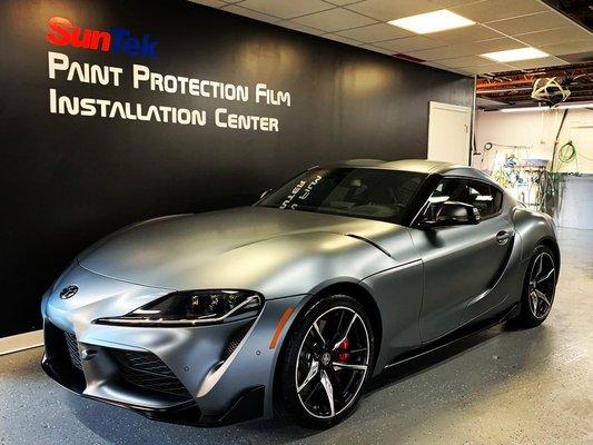 Just finished 2021 Toyota Supra GR full vehicle Suntek Ultra Matte finish wrap with 10 Year Warranty and Ceramic Pro coating.