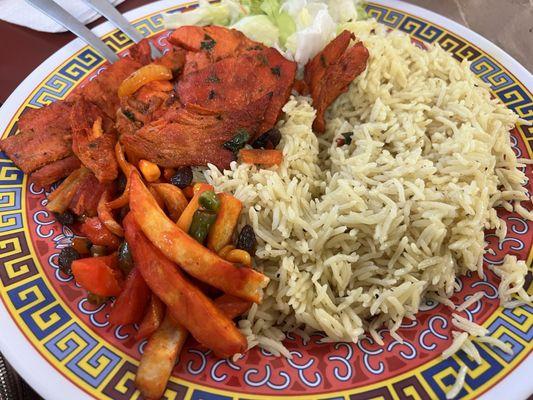 Somali chicken steak plate with Somali style rice = their National Dish