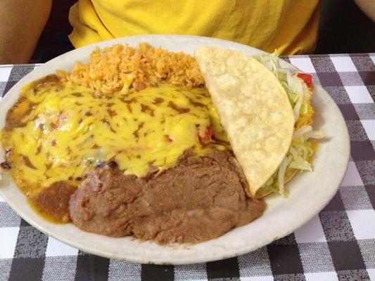 #3-Two enchiladas and a crispy taco with rice and beans.