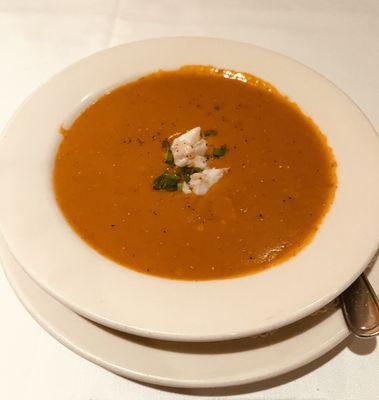 Lobster Bisque - tasted like a bowl of thick, tomato paste gravy. Chilled lobster pieces on top.