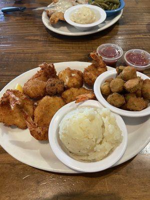 Fried shrimp with mashed potatoes and fried okra