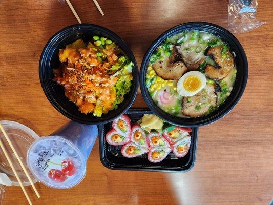 The charsiu ramen, with poke bowl and heart shape sushi