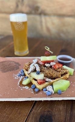 Chicken & Waffles with Seasonal Fresh Fruit & Candied Pecans