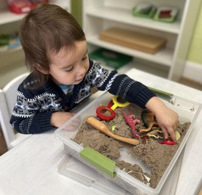 A two year old student is engaged in this sand box job enhancing his fine motor, concentration, imagination skills.