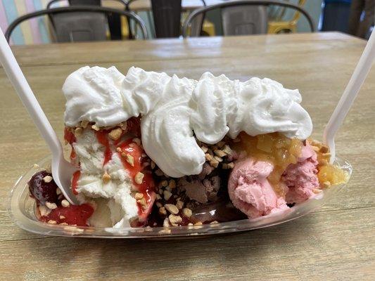 #10 Monkey Split. Vanilla, chocolate and strawberry ice cream. Topped with strawberry, pineapple and chocolate syrups and whipped cream.