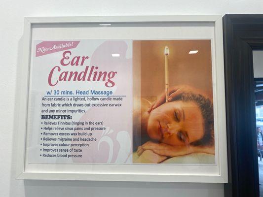 Ear candling with relaxing head massage $50