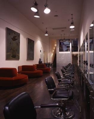 The chic, clean styling area and salon chairs at diPietro Todd Salon on Fillmore, in Pacific Heights.