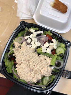 Greek Salad with Tuna instead of chicken. And Mozzarella Sticks