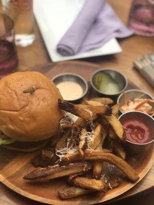 Cheeseburger (opted out of the caramelized onions) pickled pickles with fries, cole slaw.