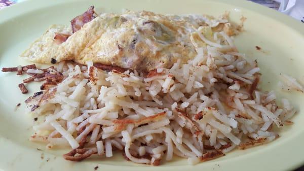 3 meat and cheese omlette.   Ham, bacon and sausage!  And who doesn't like hash browns?!